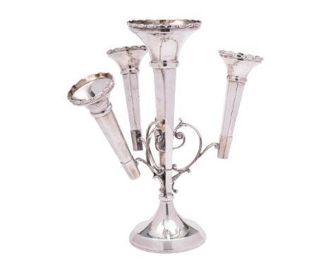 A George V silver three-branch epergne, maker's mark worn possibly Sanders & Pedlington, Birmingham, 1921: with central trump