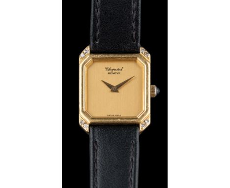 Chopard. A lady's 18ct gold and diamond 'Chopard' wristwatch: the corner-cut square case set with pairs of single-cut diamond