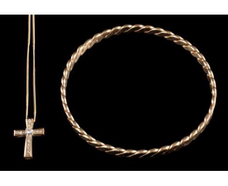 A 9 carat gold rope twist bangle: stamped 375 with import marks, 6.3cm diameter; and a diamond mounted pendant cross on chain