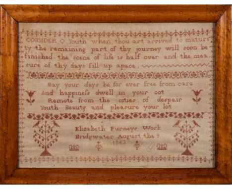 A Victorian Somerset needlework sampler: with banded verse and flowering shrubs, crowns and birds, enclosed within a floral m