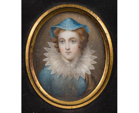 English School 18/19th Century -A miniature portrait of a young lady, said to be Mary Queen of Scots,:-head and shoulders wit