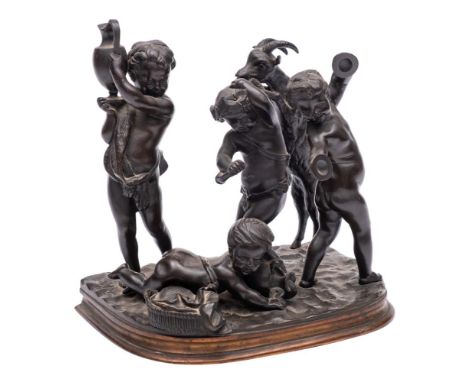 After Claude Michel Clodion (French 1738-1814)A bronze figure group of dancing bacchanalian putti and goat: mounted on a natu