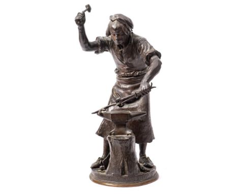 After Adrien Etienne Gaudez, a bronze figure,  Ferronier of the 17th Century: a blacksmith working over an anvil with raised 