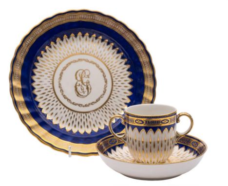 A Derby plate from the Gosling service and a similar chocolate/caudle cup and stand: the plate with gilt 'EG' monogram within