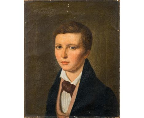 English School late 19th Century-Portrait of a boy,:- head and shoulderswith neat brown hair and wearing a purple neck tie an
