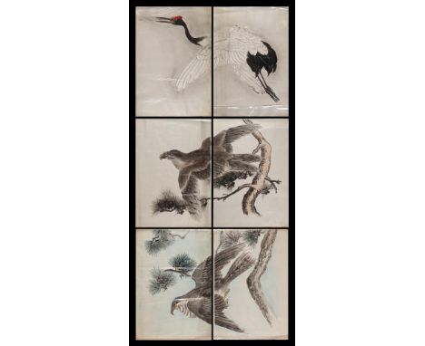 A large Japanese woodblock print in two parts: depicting a flying crane, 94 x 130, together with two other prints in two part