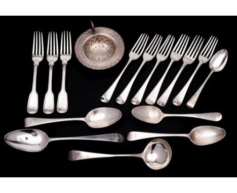A mixed collection of silver flatwares, various makers and dates: including nine dessert forks, three dessert spoons, tablesp