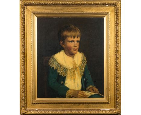 English School Circa 1900-Portrait of a boy half-length seated, with blue eyes and holding a book; A companion portrait of a 