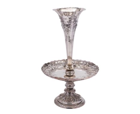 A  Victorian silver table centrepiece, maker Martin, Hall& Co, London, 1886: the flared trumpet-shaped stem on a circular emb