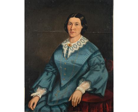 Anglo/American School, Circa 1850s - Portrait of a lady, with dark hair and hazel eyes:-half-length seated, wearing a blue ch