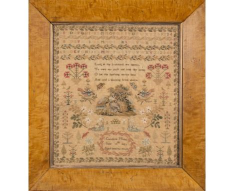 An early Victorian needlework sampler: with banded upper and lower case alphabets, central verse, flowering shrubs, birds, an