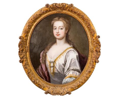 Manner of Godfrey Kneller, 18th Century-Portrait of a lady,:- bust-length with long fair hair and blue eyes, wearing a white 