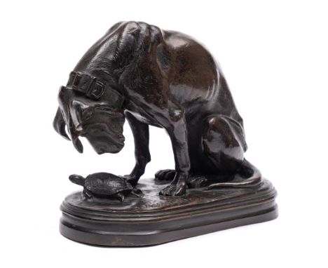 After Henri Marie Jacquemart (1824-1896)A 19th century bronze group: of a hound studying a tortoise, signed A.Jacquemart to t