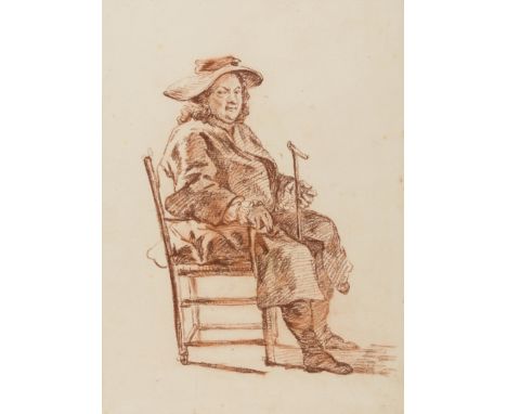 Hogarth (Follower of William, 1697-1764) Portrait of a seated gentleman wearing travelling dress and holding a walking stick,