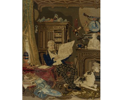 [Scott (Sir Walter)] Portrait, seated in his study at Abbotsford, fine-gauge needlepoint in wool, 62.5 x 46.5cm., framed, c. 