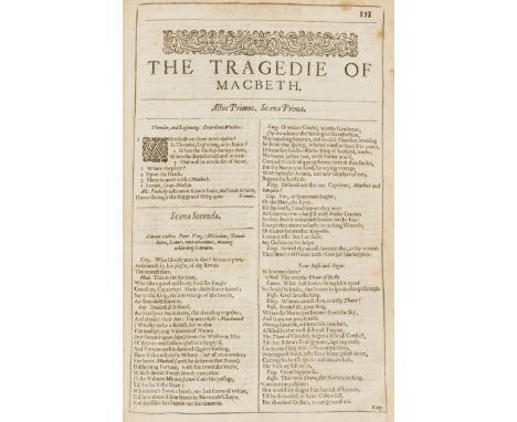 [Shakespeare (William] [Comedies, Histories, and Tragedies], second folio edition, lacking all before B3 (including engraved 