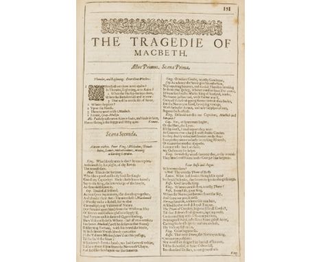 [Shakespeare (William] [Comedies, Histories, and Tragedies], second folio edition, lacking all before B3 (including engraved 