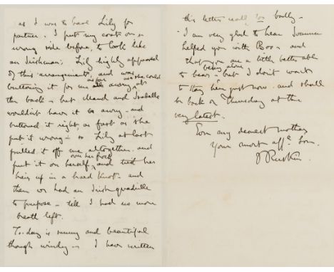 Ruskin (John, art critic and social critic, 1819-1900) Autograph Letter signed to his Mother, 2½p., 8vo, Winnington, [Cheshir