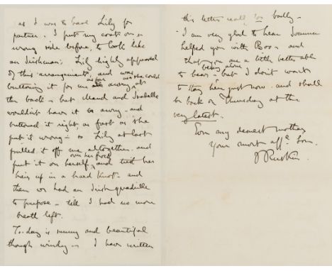 Ruskin (John, art critic and social critic, 1819-1900) Autograph Letter signed to his Mother, 2½p., 8vo, Winnington, [Cheshir