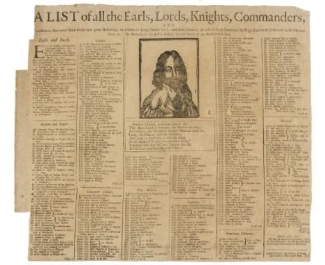 Broadside. Civil War.-  A List of all Earls, Lords, Knights, Commanders, Gentlemen, that were slain in the late great Rebelli