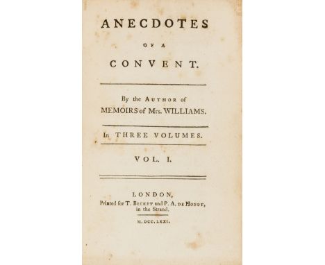 Lesbianism in a convent.- Anecdotes of a convent. By the author of Memoirs of Miss Williams, 3 vol., first edition, some spot