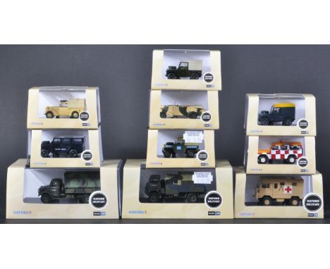 A collection of x10 assorted Oxford Diecast 1/76 scale Military models to include; RAF Northolt Land Rover Defender Station W