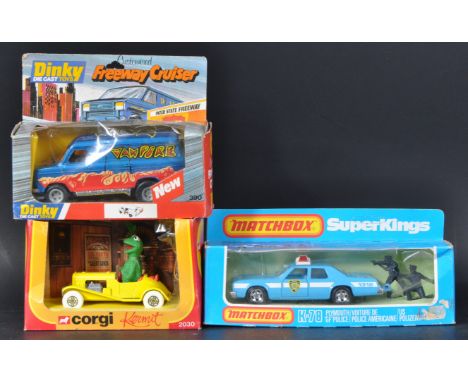 A collection of x3 assorted vintage diecast model cars to include; Matchbox Super Kings K-98 Plymouth Gran Fury Police with x