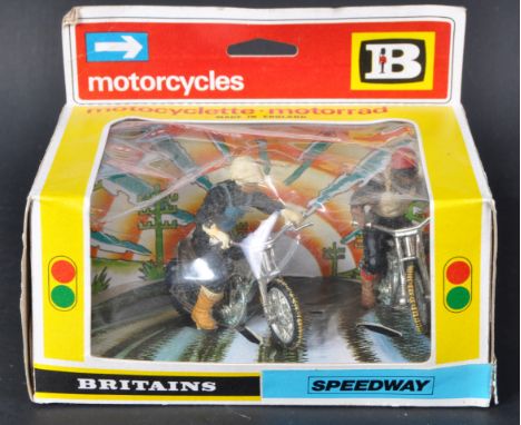 An original vintage Britain's 1/32 scale diecast model No. 9684 Speedway Motorcycle Racers. The models each with rider figure