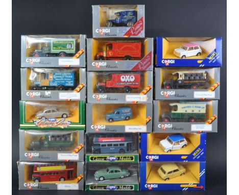 A collection of x16 assorted vintage Corgi Classics diecast model cars and buses to include; C599 AEC Bus, C867 Thornycroft B