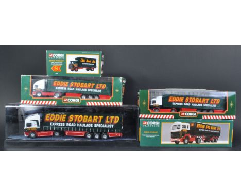 A collection of x5 Corgi made Eddie Stobart haulage diecast model trucks and lorries to include; 75201 ERF Curtainside (in di