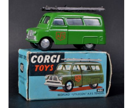 A vintage Corgi Toys boxed diecast model No. 405 Bedford ' Utilecon ' A.S.F Tender. Green body with red AFS door decals and b