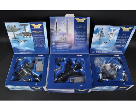 A collection of x3 Corgi ' Aviation Archive ' 1/72 scale diecast model planes, two of which are from the Jet Fighter Power ra