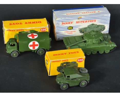 A collection of x3 vintage Dinky Toys / Dinky Supertoys boxed diecast Military interest models to include; 651 Centurion Tank