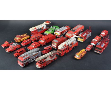 A large collection of vintage Dinky Toys and Corgi Toys diecast model Fire Engine Trucks and other vehicles to include; Dinky