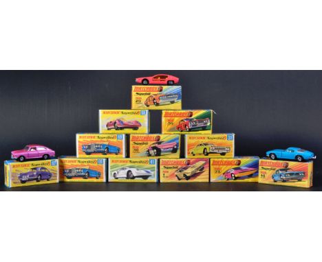 A collection of x12 original vintage Lesney made Matchbox Superfast boxed diecast model cars to include; No. 68 Porsche 910, 