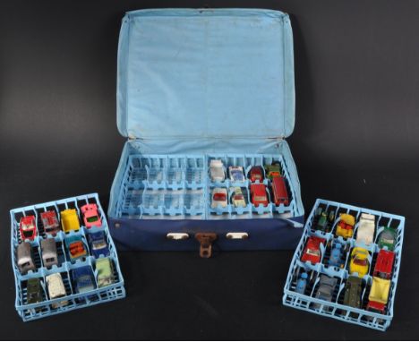 An original vintage vinyl Matchbox Series Collector's Case with an assortment of diecast vehicles by makers largely including