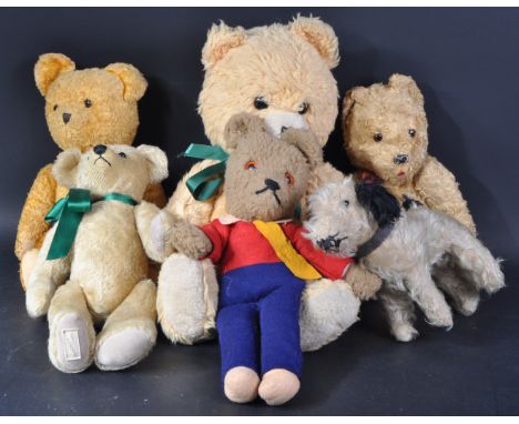 A collection of vintage English (likely Chad Valley / Chiltern) soft toy teddy bears. Golden fur and mohair examples with bea