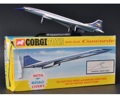 Corgi Toys Bac-Sud Concorde with BOAC livery. A die-cast scale model with working drop nose, lift off position display stand.