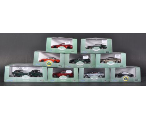 A collection of x9 boxed 1/43 scale Oxford Diecast models of Aston Martin and Lotus car interest. Examples to include; LE004 