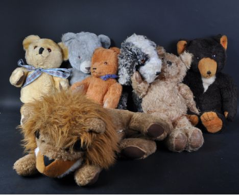A collection of x7 vintage English soft toy teddy bears, likely Chiltern / Chad Valley to include Lion, Dog and x5 assorted B