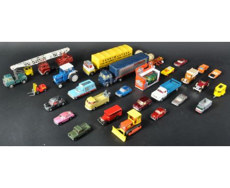 A collection of assorted vintage diecast model cars, trucks and other vehicles by makers Corgi Toys, Dinky Toys, Lesney made 