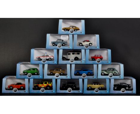 A collection of x15 assorted Oxford Diecast 1/76 scale / trackside model cars to include; Jaguar XKR-S, Austin Mini, Land Rov