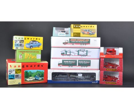 A large collection of assorted diecast model cars and haulage trucks of various scales and makers to include; Vanguards 1/43 