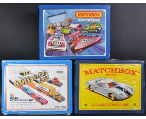 A collection of vintage Matchbox Lesney and Zee Toys diecast vinyl carry cases. Each case containing original inner trays (em