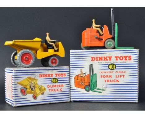 Two vintage Dinky Supertoys diecast models comprising; 962 Dumper Truck with tipping bucket and 401 Coventry Climax Fork Lift