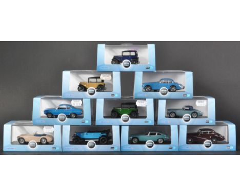 A collection of x10 assorted Oxford Diecast 1/43 scale model cars to include; Jaguar XK150 Coupe, Austin Seven RN Saloon, Vau