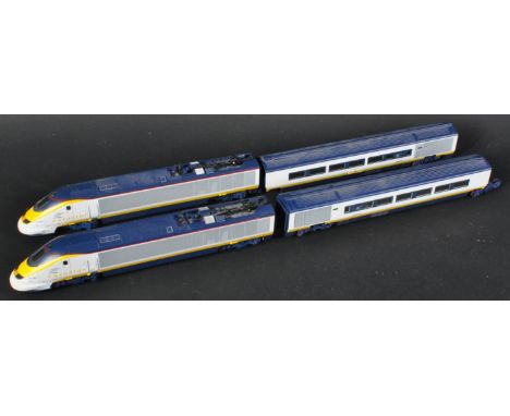 An original Hornby Hobbies 00 gauge model railway trainset locomotive No. R665 Eurostar with power driving unit, dummy drivin