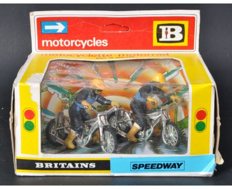 An original vintage Britain's 1/32 scale diecast model No. 9684 Speedway Motorcycle Racers. The models each with rider figure