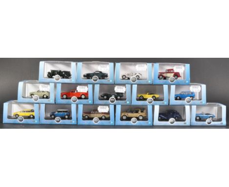 A collection of x15 assorted Oxford Diecast 1/76 scale / trackside model cars to include; Land Rover Discovery 4, Austin Alle