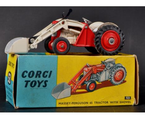 A vintage Corgi Toys boxed diecast model No. 53 Massey-Ferguson 65 Tractor with Shovel. The model with red and cream body, re